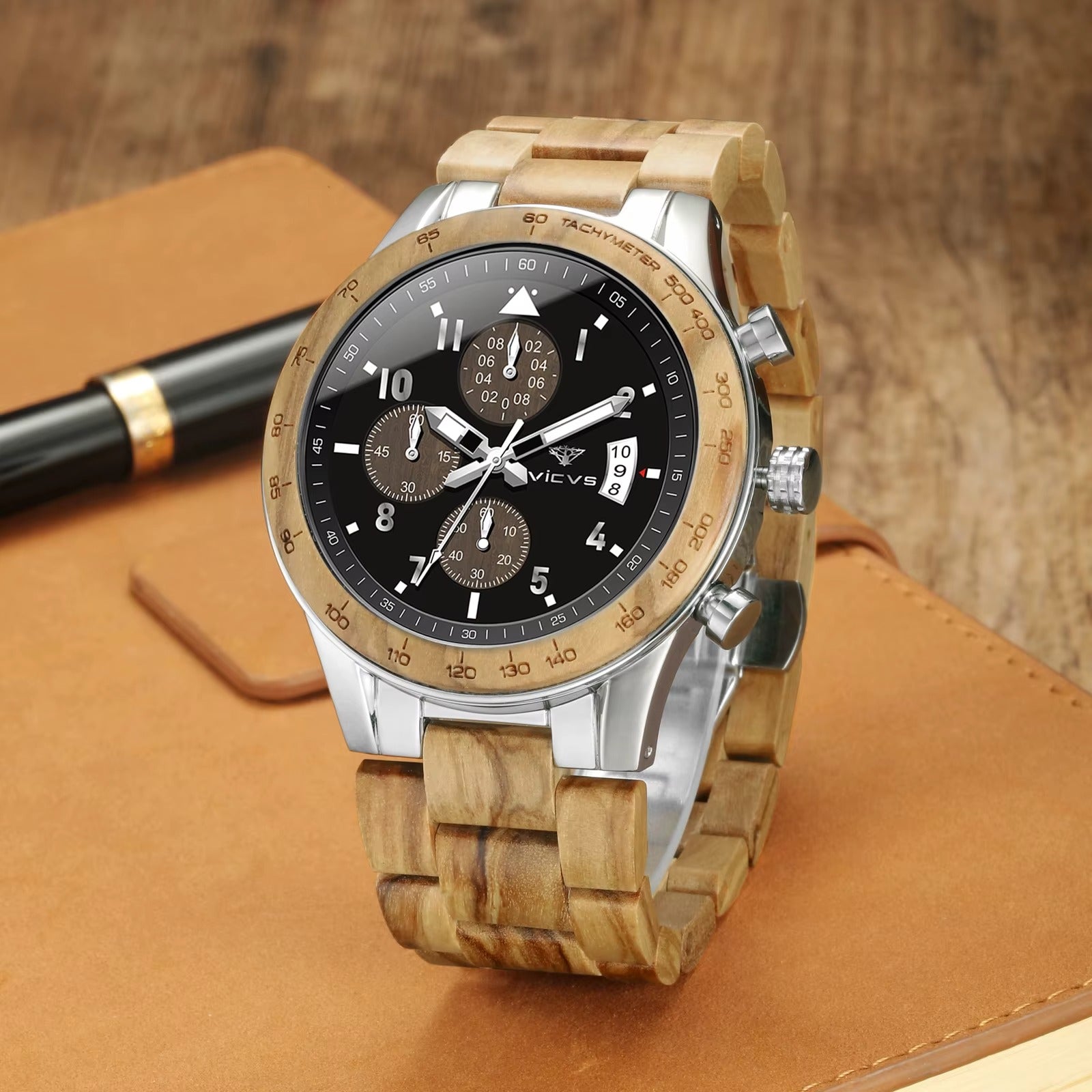 Luxury Walnut Wood Men's Watch – Natural Wooden Strap with Date Calendar